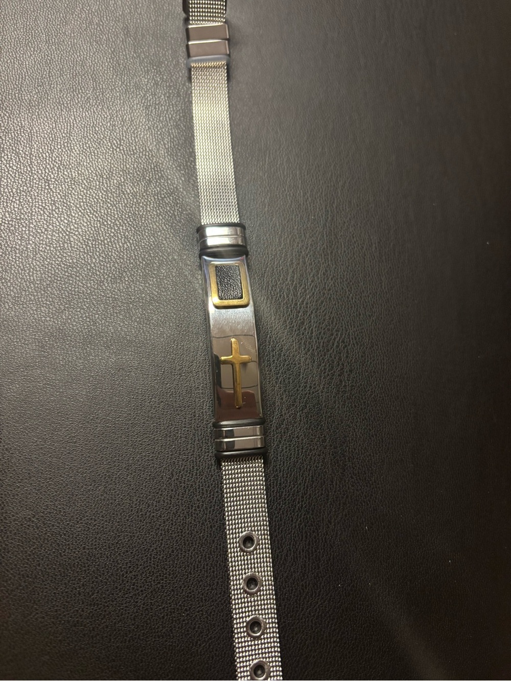 New Stainless Steel Silver Mesh Bracelet with Gold Cross Accent